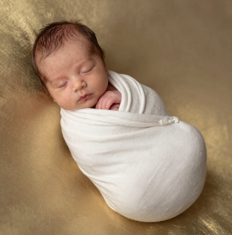A high-end portrait of a sleeping newborn baby wrapped in a soft off-white organic cotton cloth. The baby is resting on a metallic gold-toned surface that reflects soft light. Clean, minimalist composition in a professional Turkish / Istanbul setting.