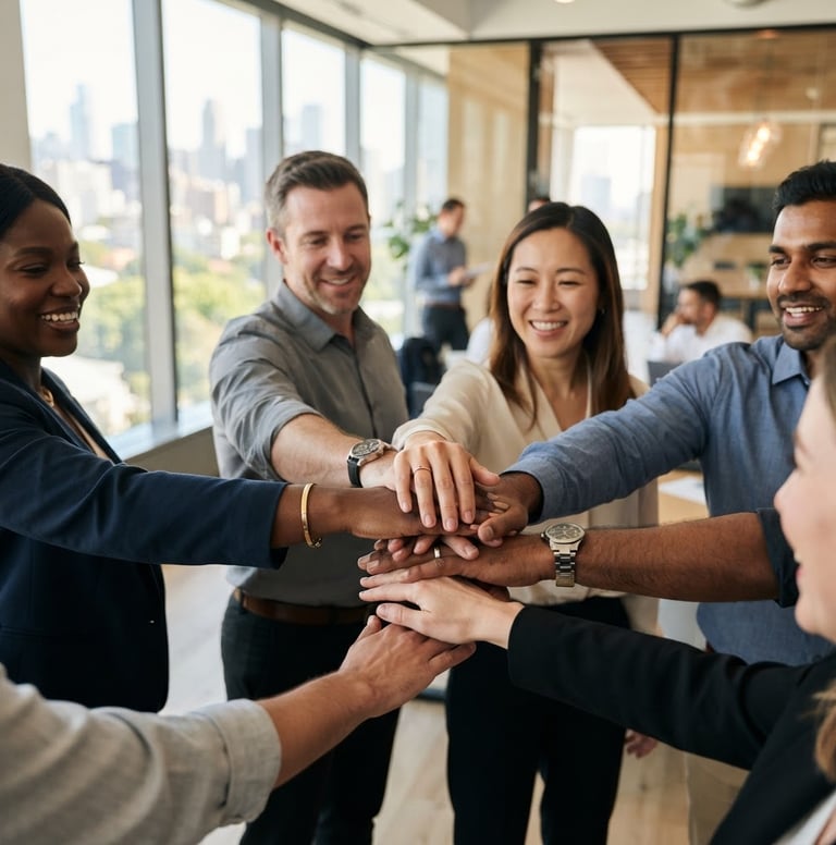 Close-up of diverse corporate team members stacking hands together in a bright, modern architectural office, warm natural light, professional atmosphere, shallow depth of field