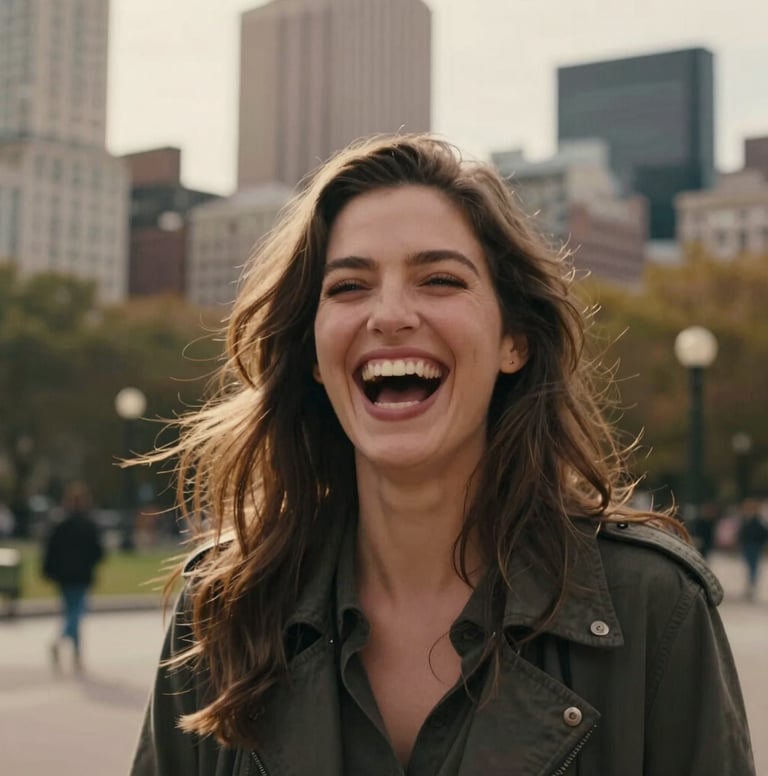 A candid portrait of a woman laughing genuinely, her hair caught in a light breeze. Shot in an intimate, cinematic style in a North American city park. The lighting is warm and soft, with terracotta tones in the background architecture.