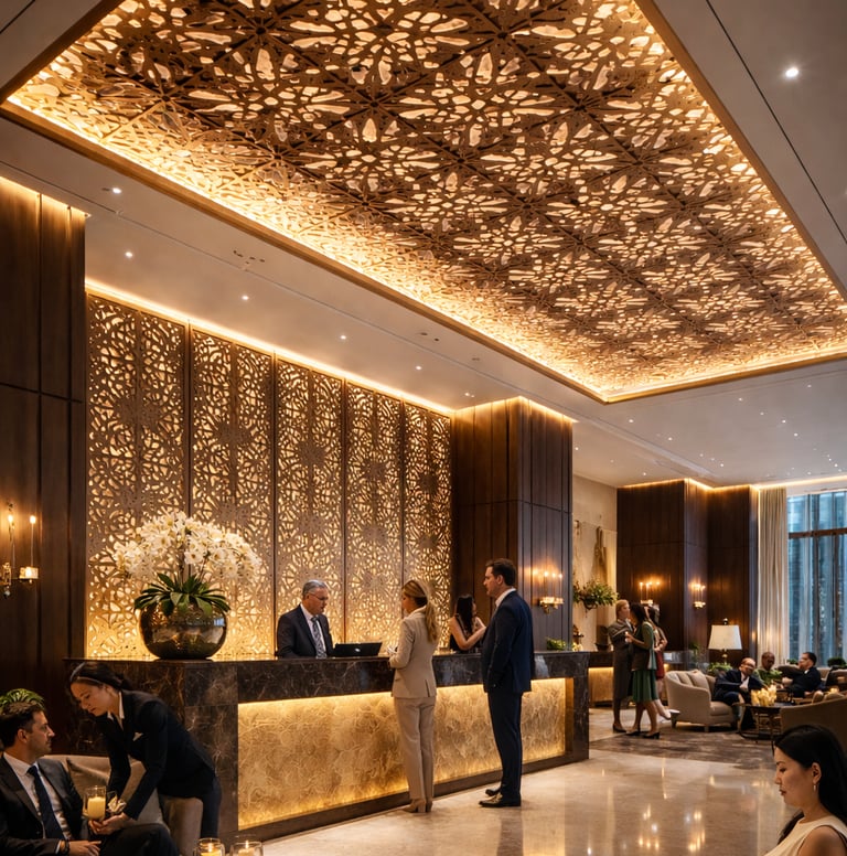 Elegant luxury hotel lobby featuring an ornate backlit laser-cut ceiling and marble reception desk with guests.