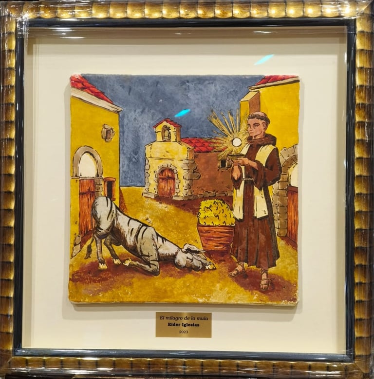 Cuadro al temple sobre el milagro de la mula de San Antonio de Padua