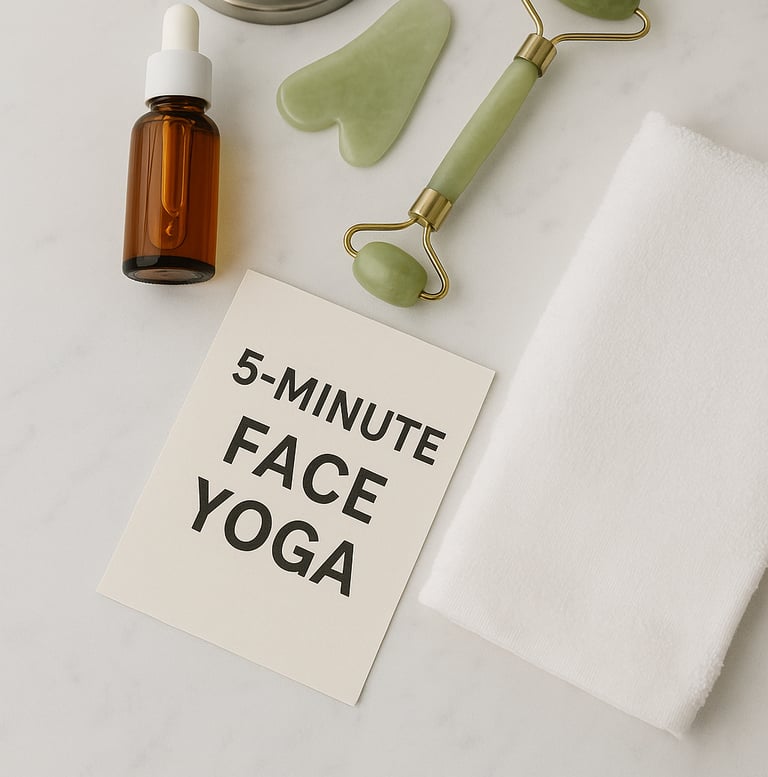 card labeled “5-Minute Face Yoga” on a white marble surface.
