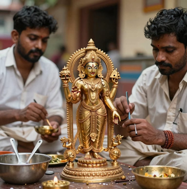 Close-up of gold-polished Lakshmi idol glowing softly against a dark maroon background.
