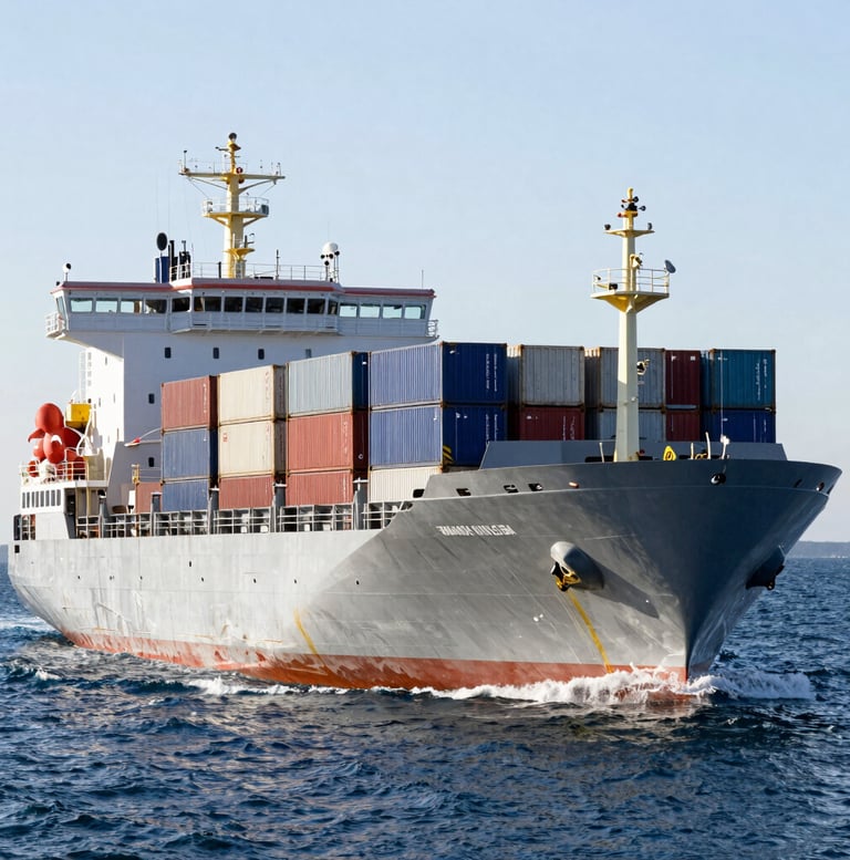 A high-value commercial marine cargo vessel navigating through cold Canadian waters, crisp daylight, detailed steel hull and container stacks.
