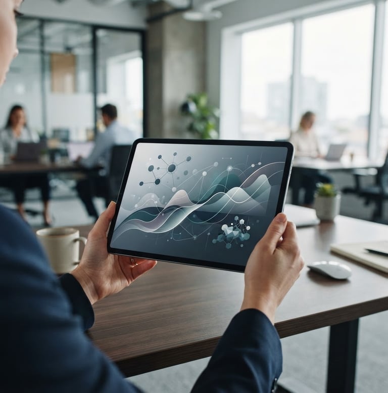 Modern corporate office environment, a tablet displaying a clean, abstract financial chart without trading lines, soft natural daylight, muted corporate blues and greys.