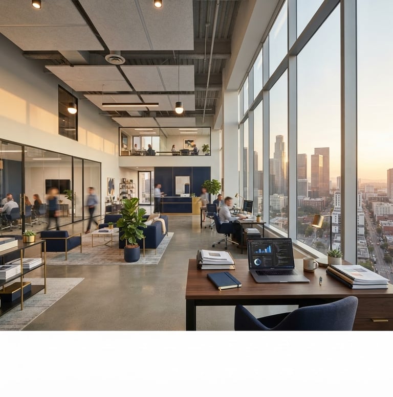 Wide panoramic professional office environment at golden hour, a clean desk setup with a laptop and documents to the right third, expansive modern space, low horizon, navy and gold accents, bright natural office daylight, sharp focus, 35mm lens