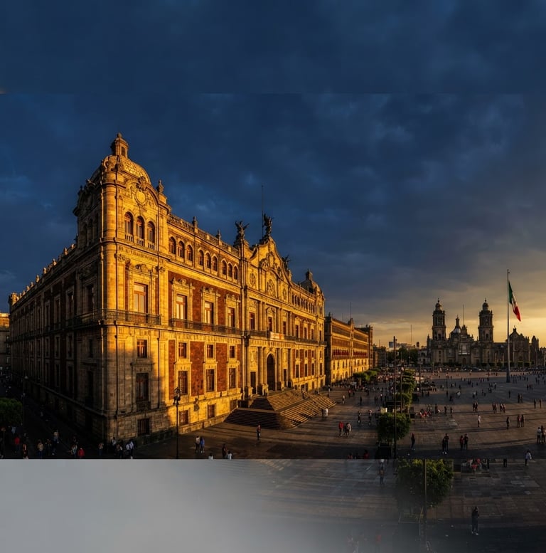 Wide panoramic view of the Suprema Corte de Justicia in Mexico City, dramatic high-contrast architectural lighting, deep shadows, sharp wide-angle lens, 35mm, deep navy and gold tones, subject off-center to the left.