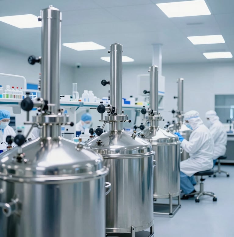 Wide shot of a clean-room laboratory with stainless steel bioreactors and scientists in full PPE, cool clinical lighting, high-key white with subtle blue undertones, sharp focus.