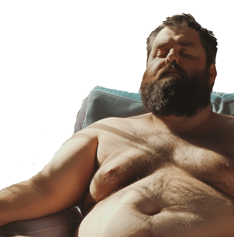 larger shirtless man sitting in chair with eyes closed