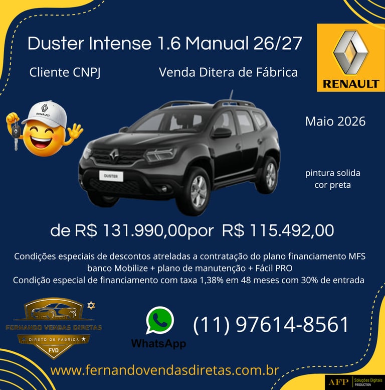 Black Renault Duster SUV promotional offer with direct factory pricing for CNPJ business customers.