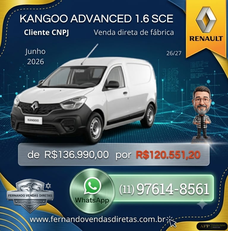 White Renault Kangoo Advanced 1.6 SCE commercial van offer for CNPJ fleet sales.