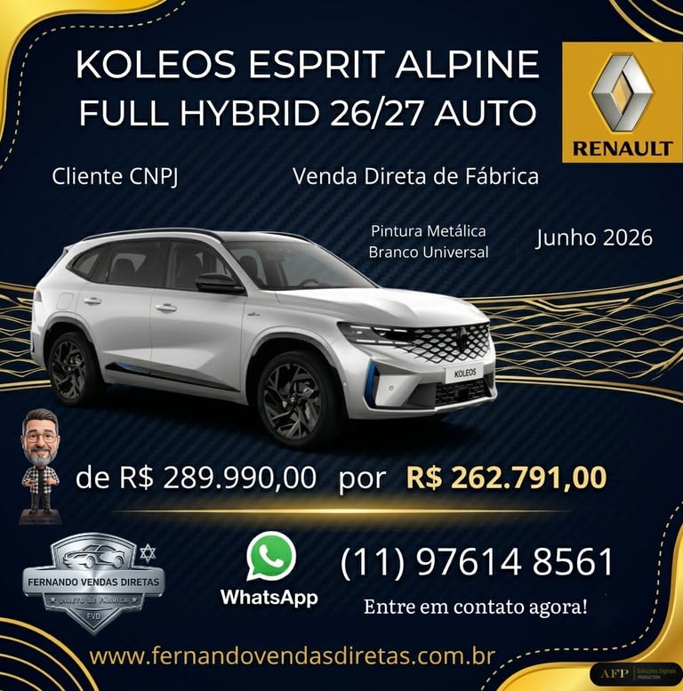 White Renault Koleos Esprit Alpine Full Hybrid SUV promotional offer for direct factory sales.