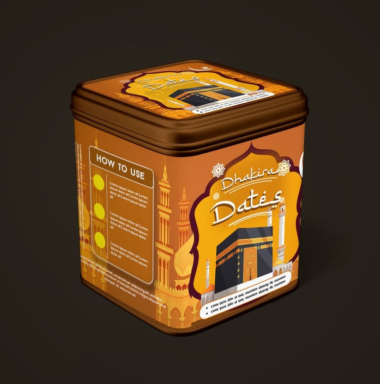 Traditional and elegant packaging design for Dhakira Dates, reflecting heritage and authenticity.