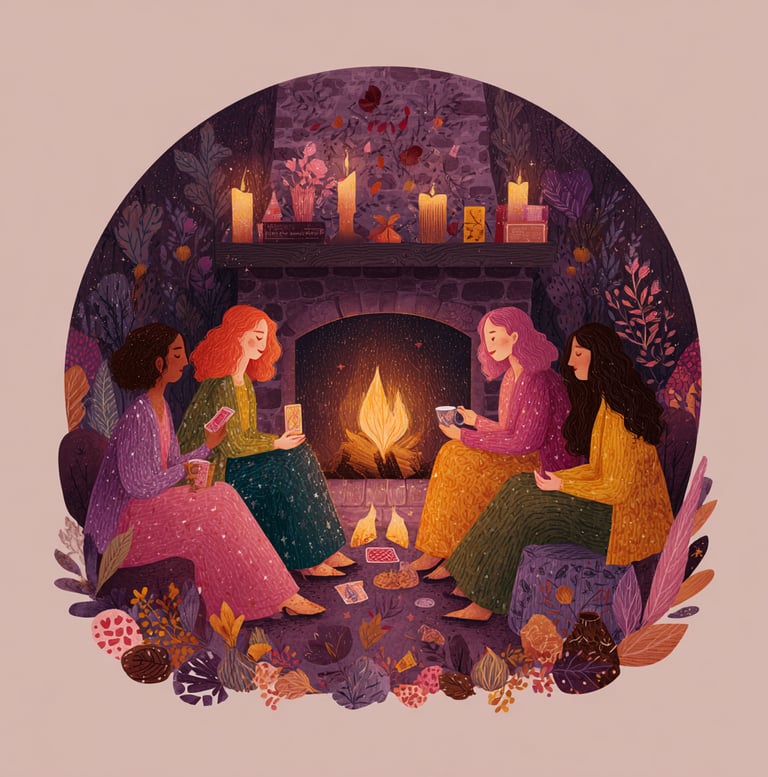 Illustration d'un cercle de femmes réunies devant un feu ouvert