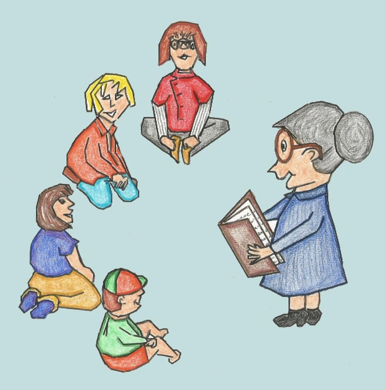 cartoon image of woman reading to kids