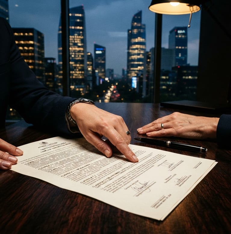 Wide-angle shot of modern, imposing Mexican financial district architecture at dusk, with cool shadows and warm gold highlights. A close-up of a serious legal professional's hands pointing at a complex contract on a dark wooden table, high contrast, dramatic lighting.