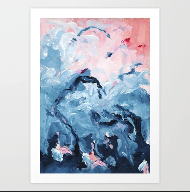 a painting of a painting of a dreamy fantasy mountain landscape with dragons blue pink