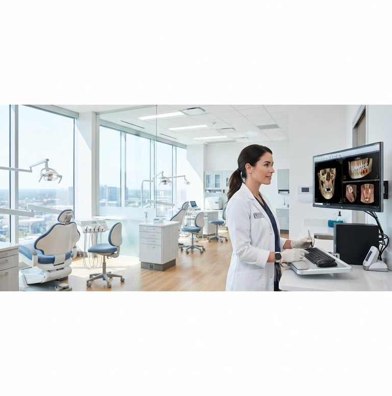 Wide panoramic view inside a modern, sterile dental clinic, bright natural daylight streaming through large windows, advanced dental equipment subtly visible, a confident, professional female dentist in the right third of the frame reviewing digital scans on a monitor, soft whites and calming blue tones, sharp focus, 35mm