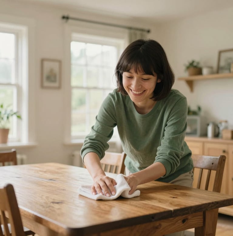 A family cleaner smiling while wiping a wooden dining table in a cozy, sunlit Buckinghamshire home, soft natural light, 35mm