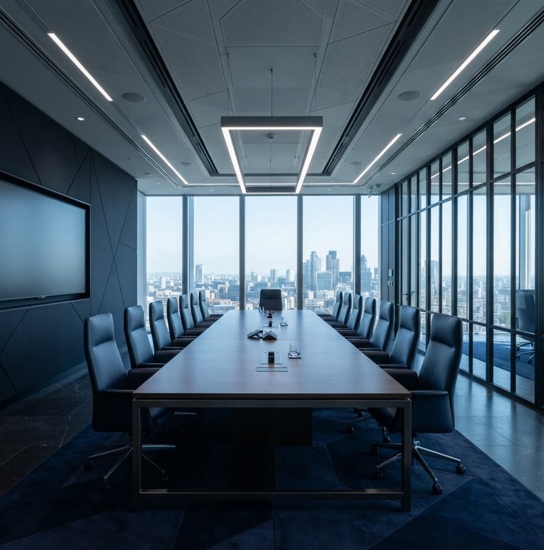 Wide-angle view of an empty, high-end corporate boardroom with symmetric architectural lines, cool daylight, deep navy and steel gray tones, sharp focus.