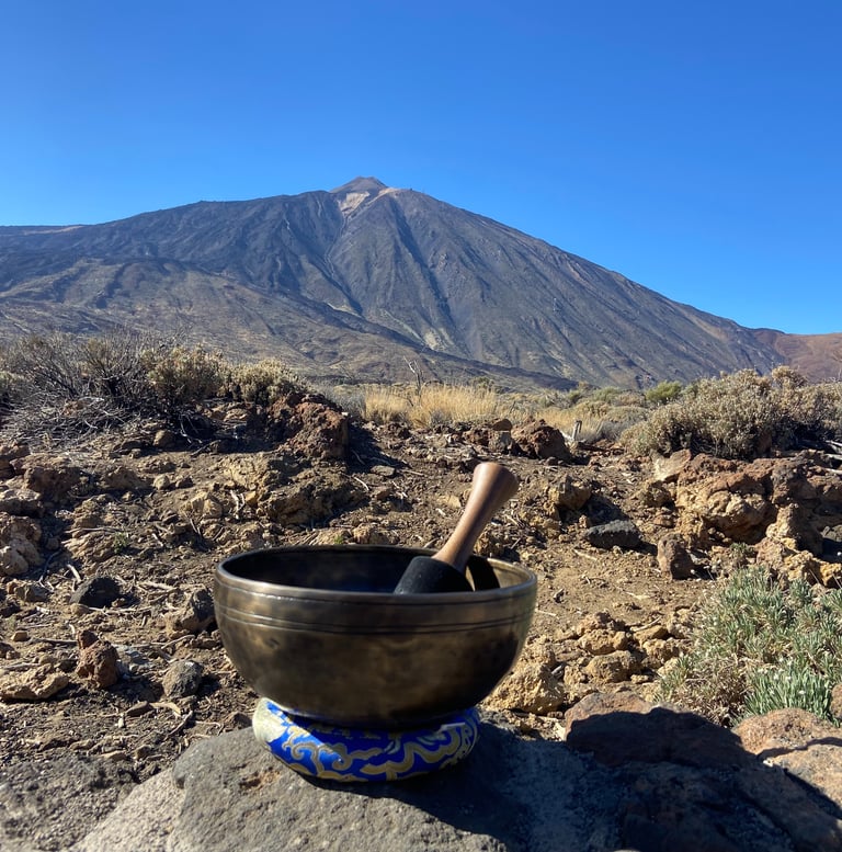 sound therapy bowls with teide in the background