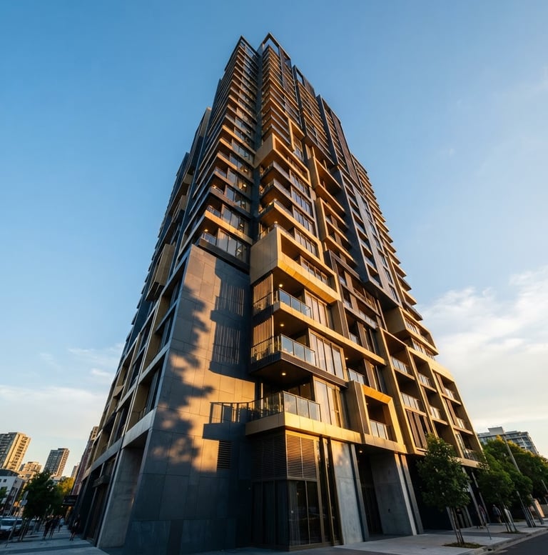 Low-angle architectural photography of a modern luxury apartment building facade, golden hour sunlight casting sharp shadows, deep slate and gold tones, 35mm lens, expansive sky.