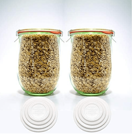 Weck wide-mouth tulip glass jars with glass lids and stainless steel clips plastic-free food storage