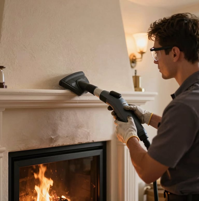 Medium shot of a CSIA-certified technician in uniform, wearing gloves and safety glasses, meticulously cleaning a fireplace hearth with specialized vacuum equipment, warm ambient indoor lighting, rich charcoal and amber tones.