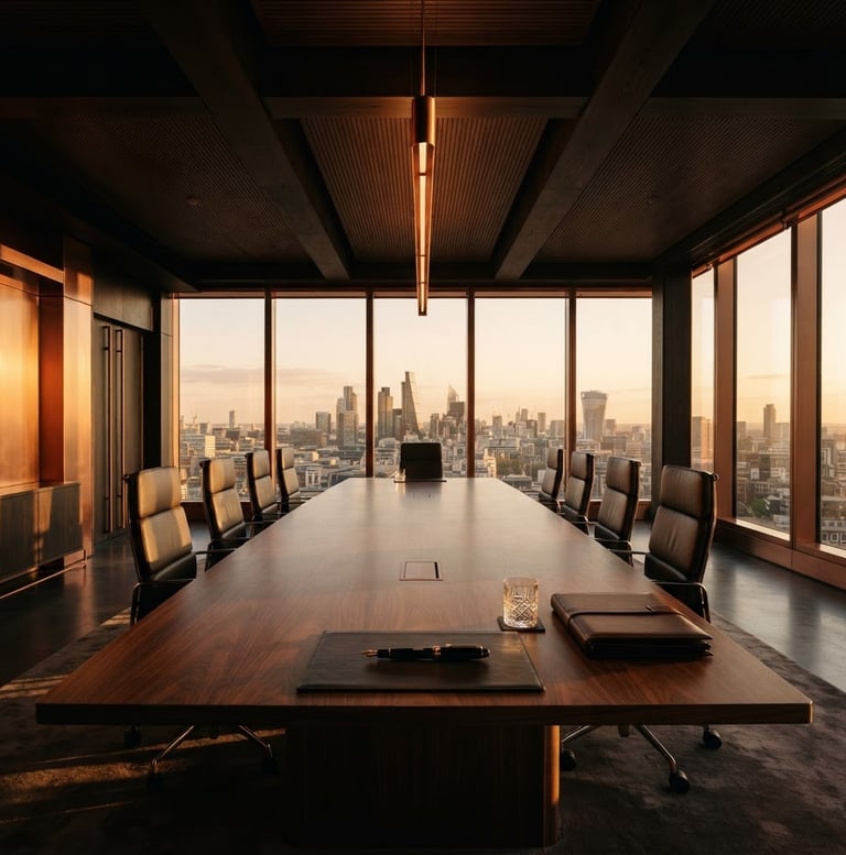 Wide panoramic shot of an imposing corporate boardroom, elegant modern law office, with dramatic, high-contrast architectural lighting and deep shadows, golden-hour window light, rich copper tones, 35mm. Subject is an empty, high-end desk with a premium writing instrument.