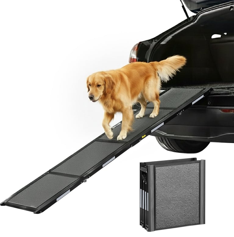 Lange opvouwbare aluminium hondenloopplank voor auto's met reflectiestrips en antislip.