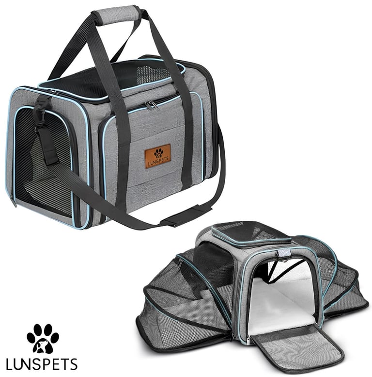 Stijlvolle grijze Lunspets reismand voor katten en honden met uitklapbare compartimenten.