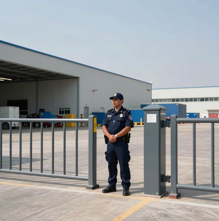 Wide environmental shot of a modern industrial logistics yard in Northern Mexico, bright daylight, a disciplined security officer in clean navy uniform standing post near the entrance gate.