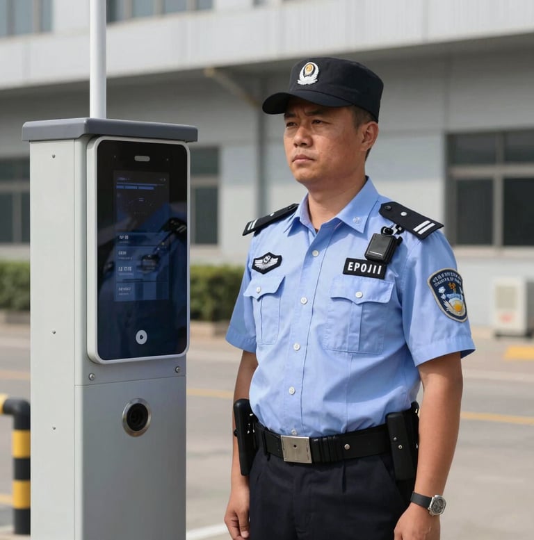 Medium shot of a disciplined security officer in crisp corporate-security attire standing post next to an industrial access control point, bright daylight, sharp focus, industrial background.