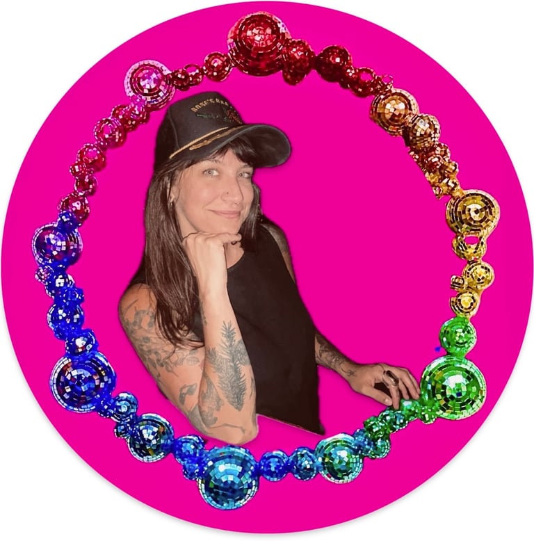 woman photoshopped into a circle of rainbow disco balls on pink background