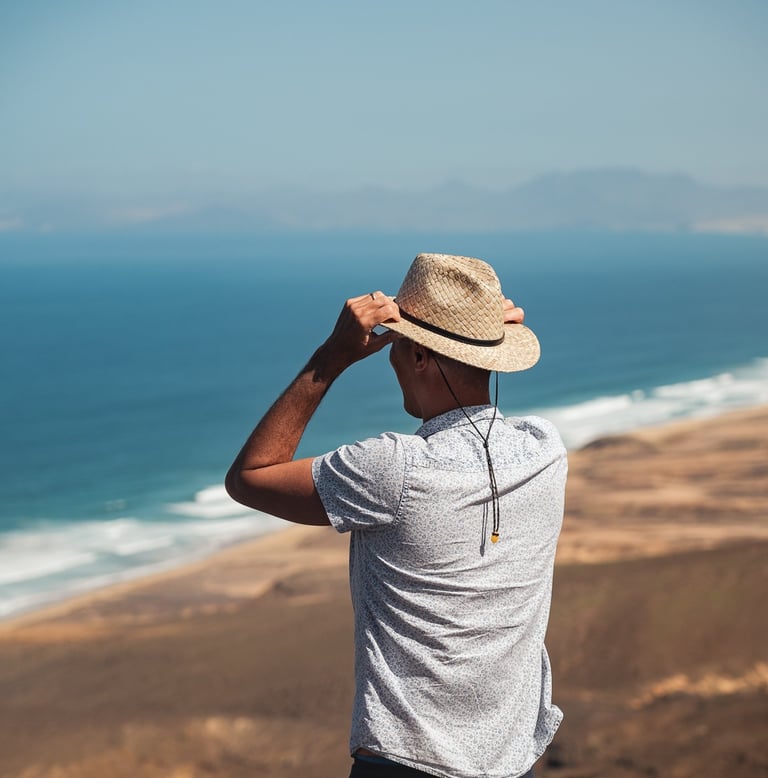 viajante observando paisagem costeira com falésias e oceano azul durante viagem