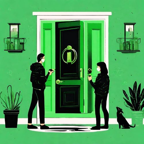 Two people looking at a green themed Exeter property