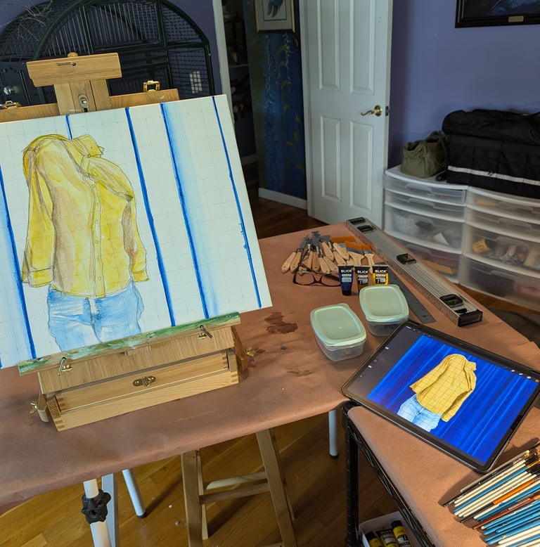 Art Studio setup with table top easel, iPad, brushes, paints and mixing tubs.