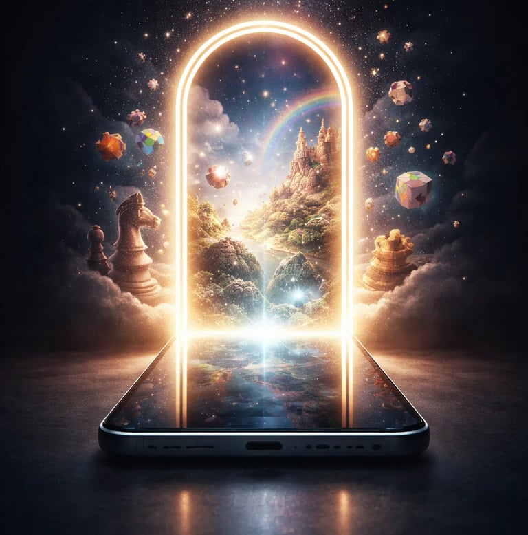 Vertical fantasy-tech art: sleek tablet with glowing portal opening into a magical world of games and creativity