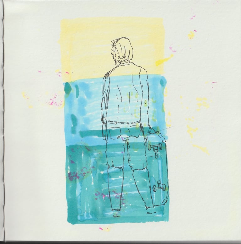 Pen drawing of an androgynous person standing holding a skateboard,