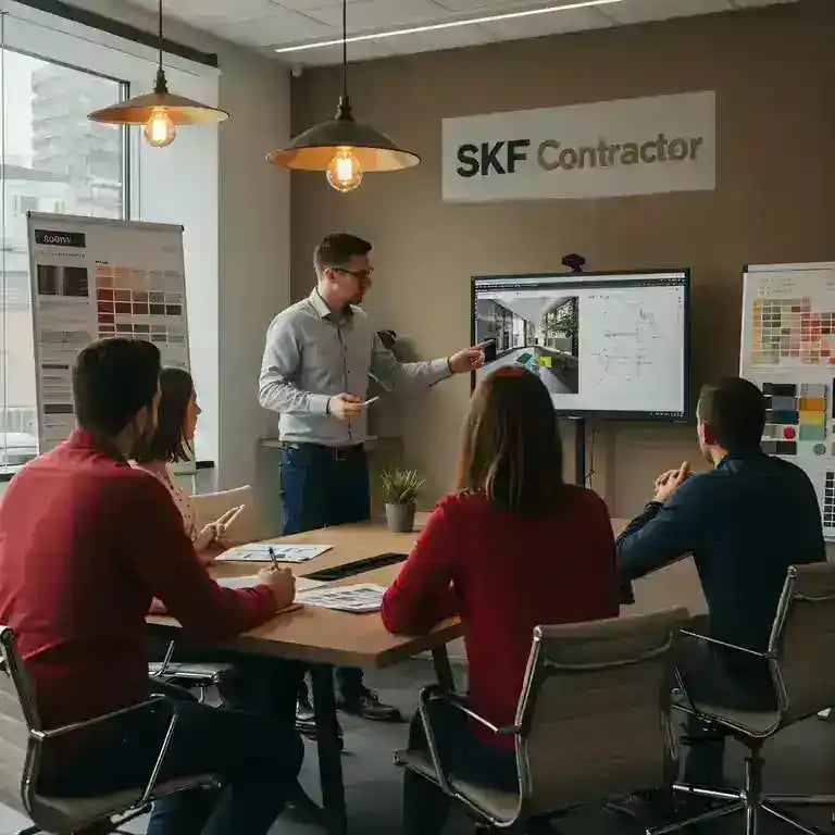 An SKF Contractor lead architect presenting interior blueprints to a team in a modern office.