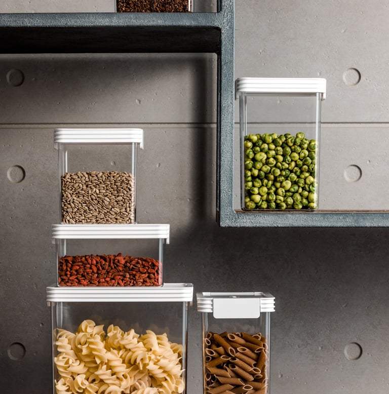 Product photography - a bunch of food items in containers on a shelf