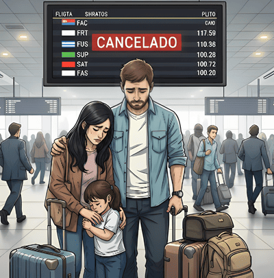 Família enfrenta problemas com viagem aérea, no aeroporto.