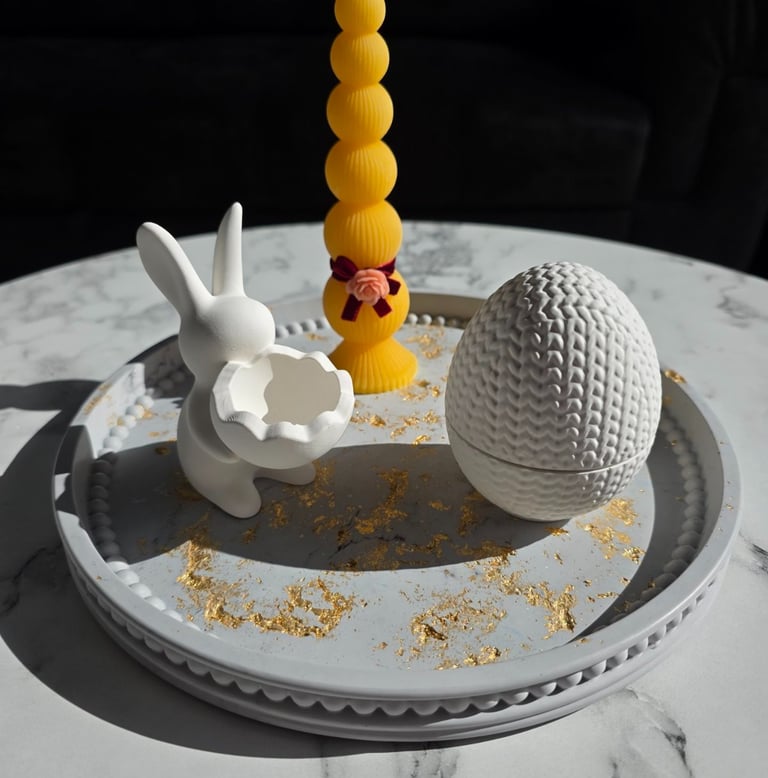 Minimalist Easter decor featuring a white bunny holder, textured egg, and yellow candle on a marble tray.