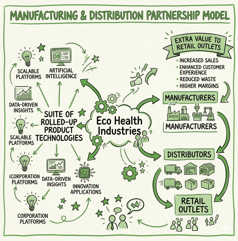 Diagram of Eco Health Industries manufacturing and distribution partnership model showing product technology integration.