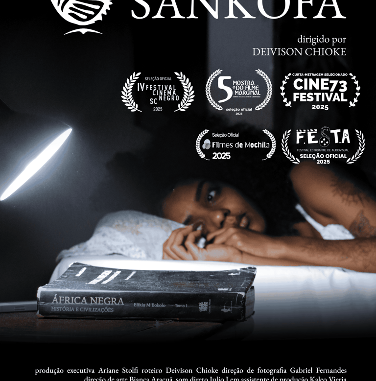 Cartaz de curta metragem no qual uma mulher negra deitada olha um livro do lado da cama