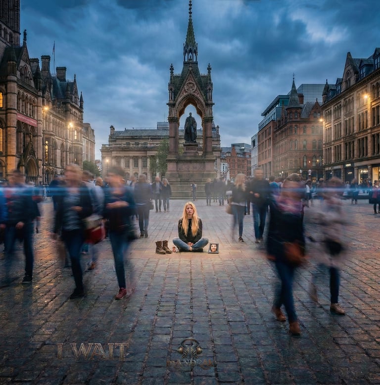 Cover art from the single I Wait, a woman sits alone in a square