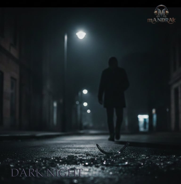 dark nigh by mandrak, showing man walking away in dark night, broken glass, dark colors