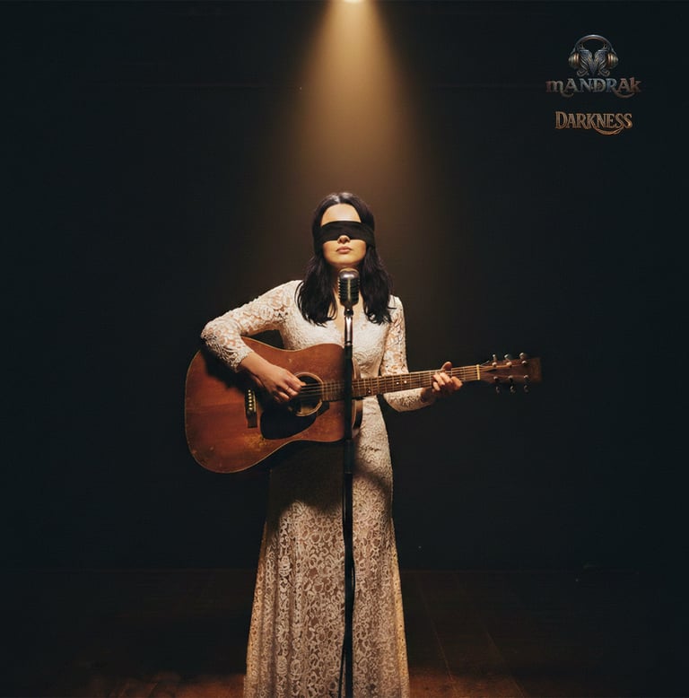 darkness by mandrak, girl with a guitar on stage, she is blind with a cloth over her eyes