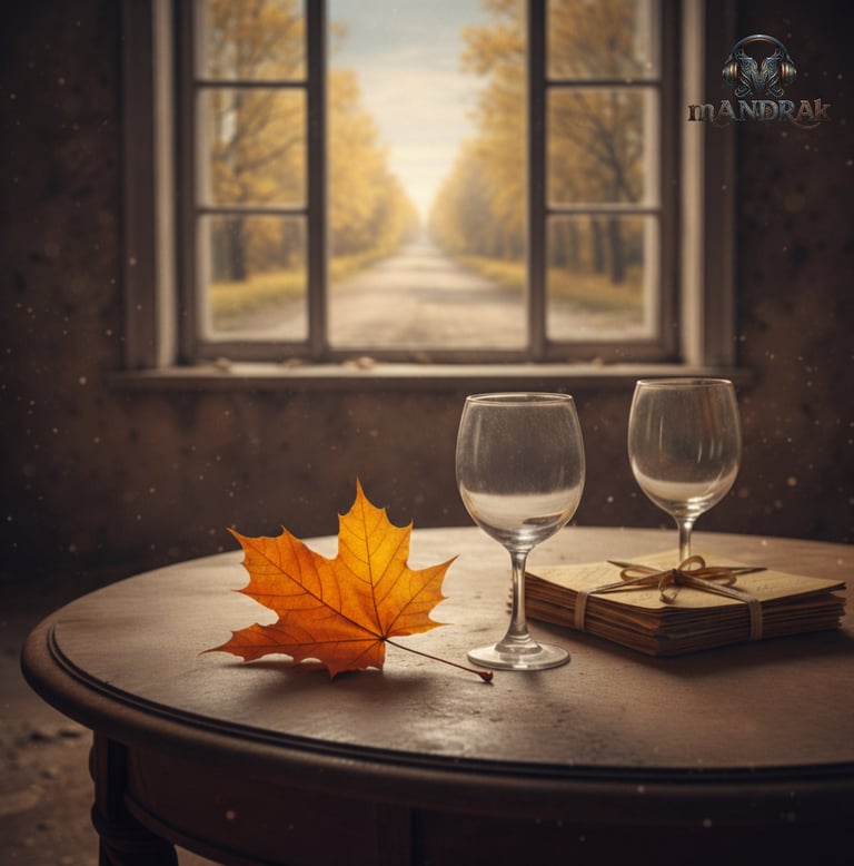 cinematic image of a coffee table with two empty wine glasses and an autumn leaf on it