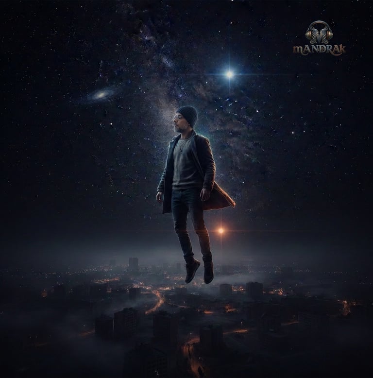 a man flying up in the air, towards the sky, night and dark colours, over a city